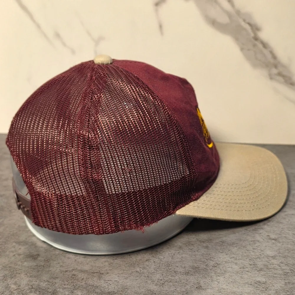 Tarrant Lumber Co Frankston TX Trucker Hat Maroon Tan Snapback Mesh Cap‎